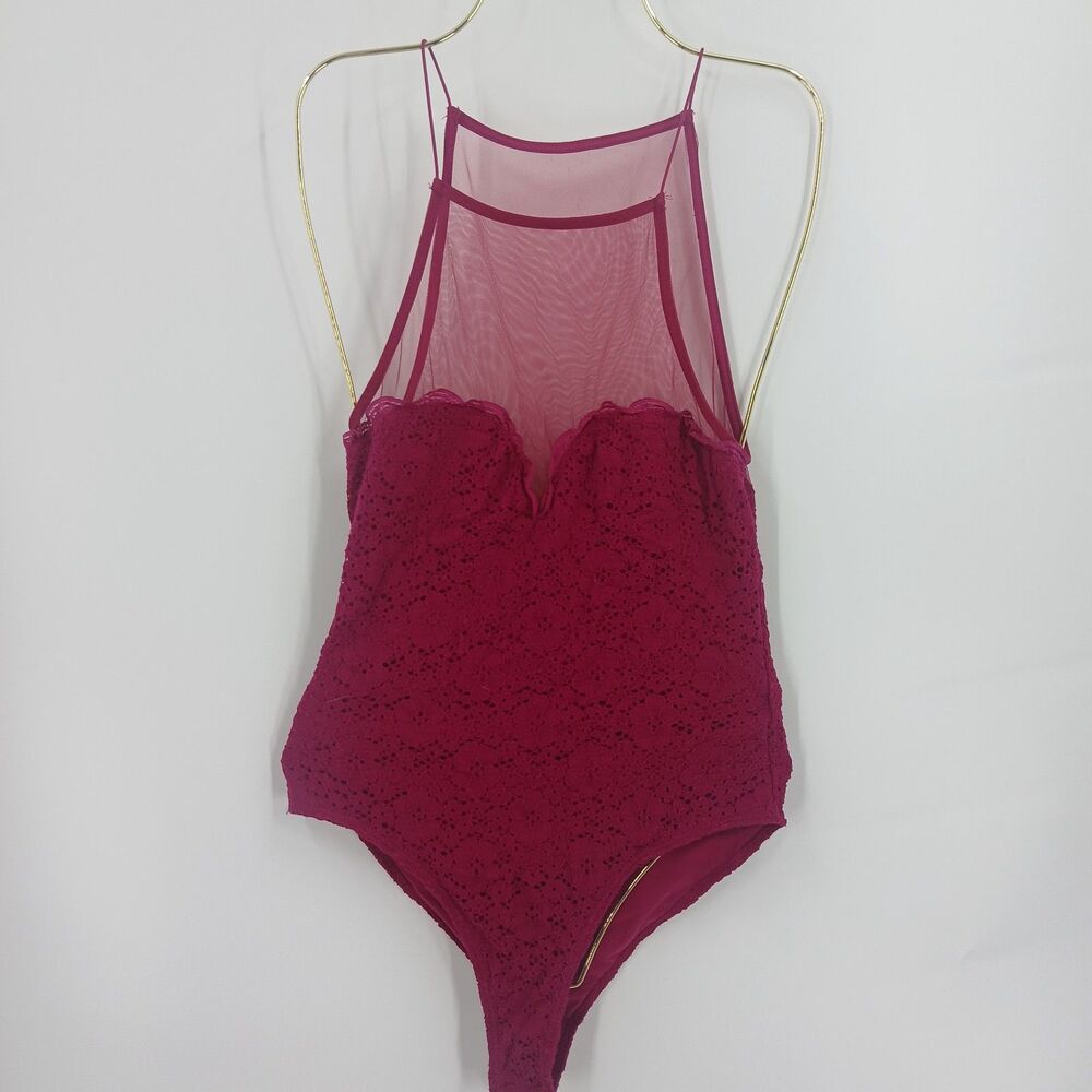 Forever 21 Womens Size Large Magenta Pink Sheer Mesh High Neck Lace Bodysuit